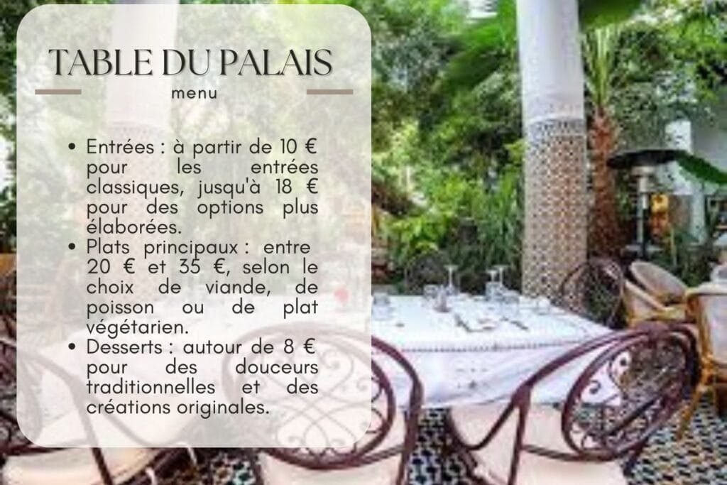 table du palais menu avec prix en euro