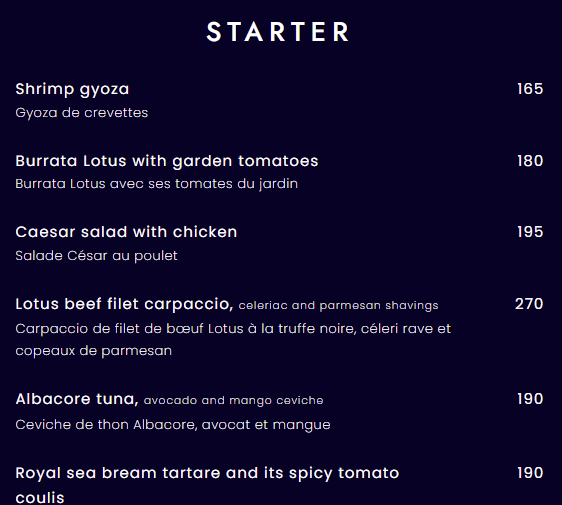 starter menu avec prix